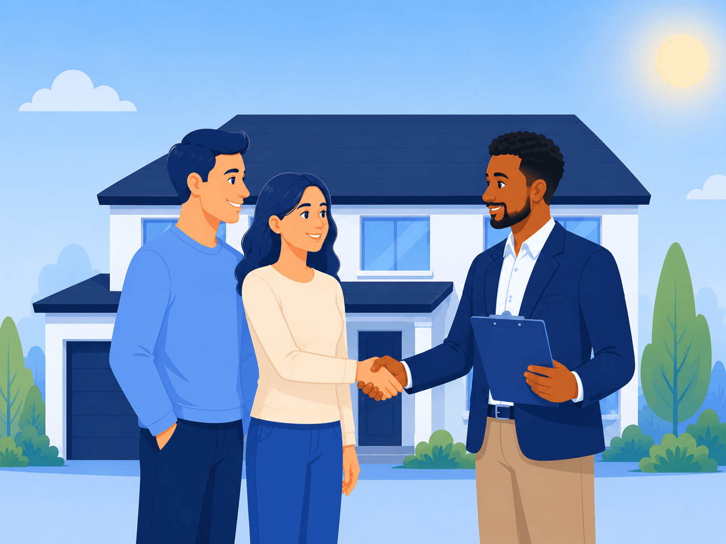 A SureClaim public adjuster shaking hands with a Houston homeowner couple in front of their house — settling a property damage claim